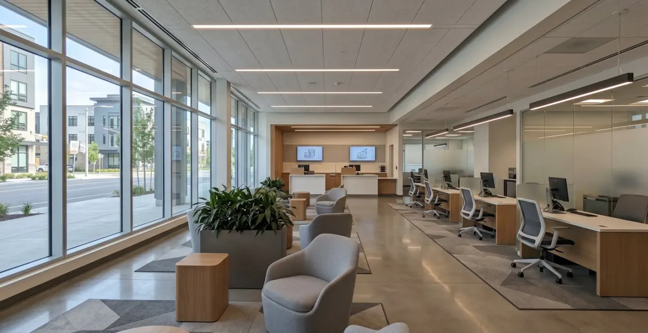 Wide angle d'un intérieur d'agence bancaire moderne vide, espace client service épuré, grandes fenêtres avec lumière naturelle abondante, design contemporain minimaliste