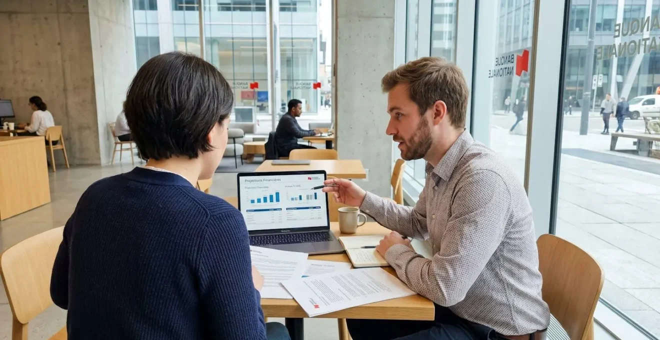 Deux personnes de profil discutent devant un écran d'ordinateur portable dans un intérieur lumineux moderne, documents bancaires visibles sur la table
