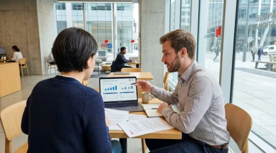 Deux personnes de profil discutent devant un écran d'ordinateur portable dans un intérieur lumineux moderne, documents bancaires visibles sur la table