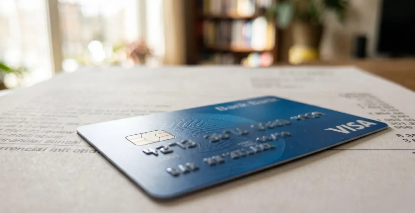 Extreme close-up d'une carte bancaire Visa moderne posée sur un document financier avec chiffres floutés, bokeh en arrière-plan