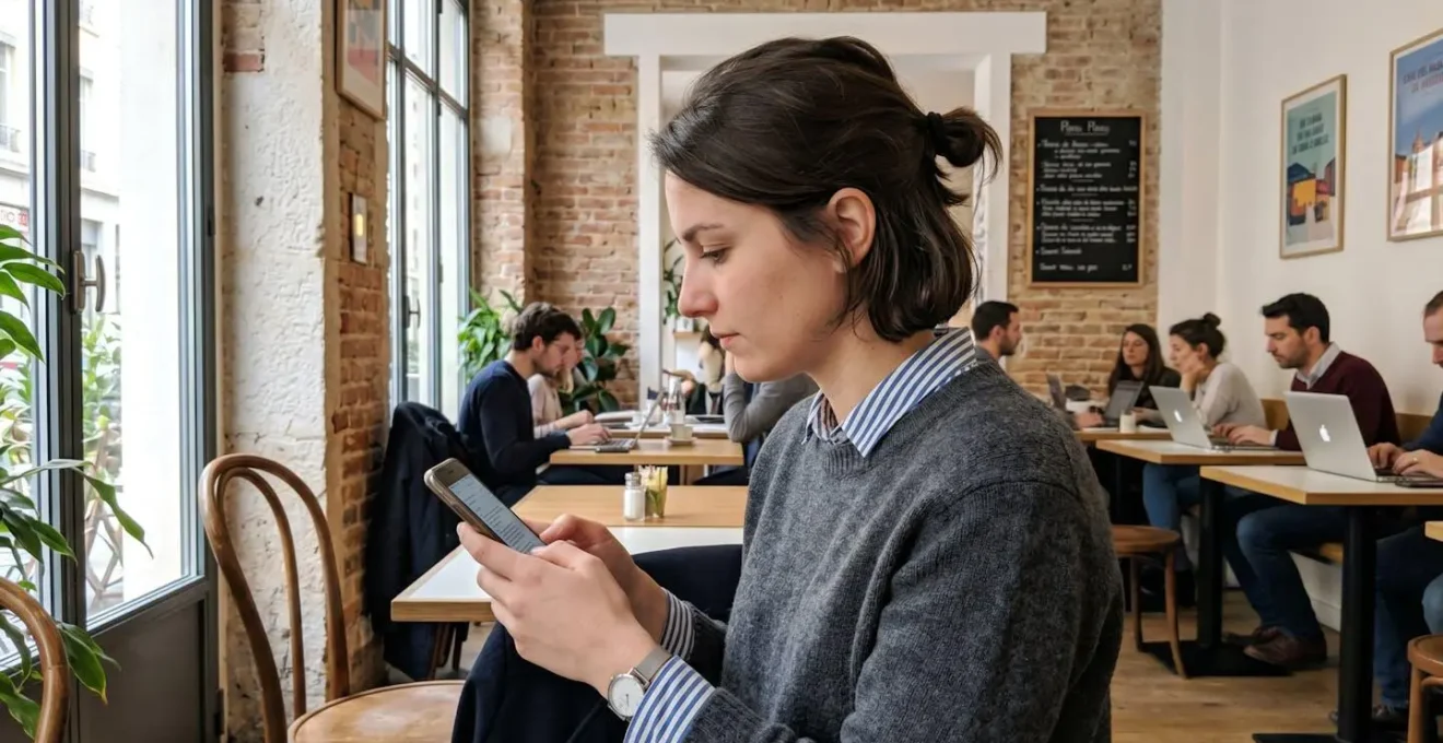 Jeune adulte assis dans un café moderne, consultation d'un smartphone avec expression concentrée, vue de profil, lumière naturelle de fenêtre
