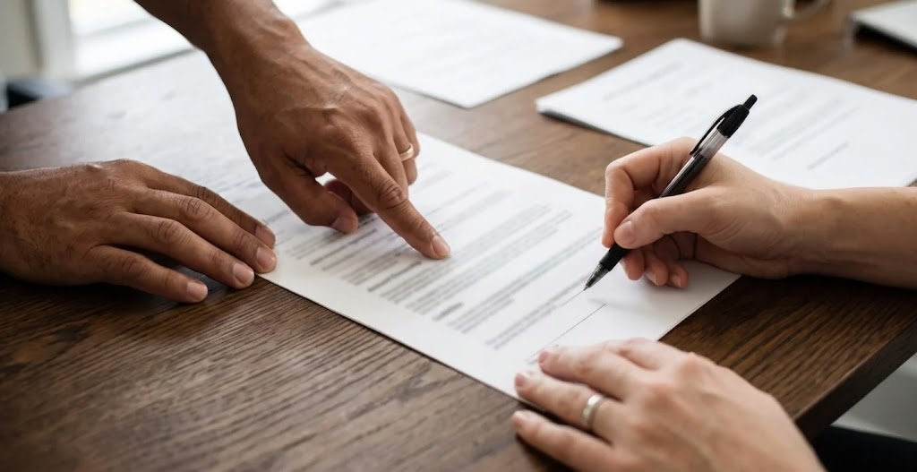 Gros plan sur les mains de deux personnes examinant ensemble un contrat de compte joint posé sur un bureau, l'une pointant des clauses spécifiques pendant que l'autre tient un stylo