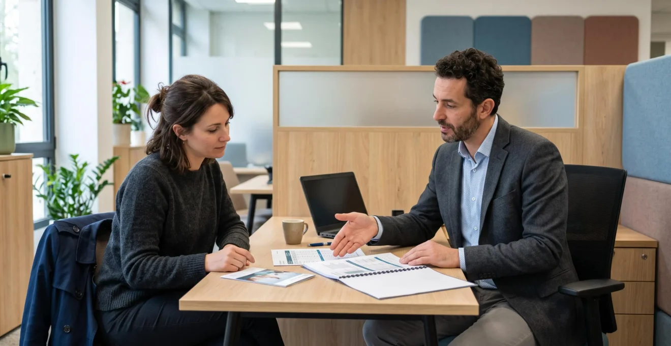 Un conseiller bancaire présente différentes options de compte à un client assis en face de lui dans un bureau d'agence, en désignant des documents explicatifs posés sur le bureau