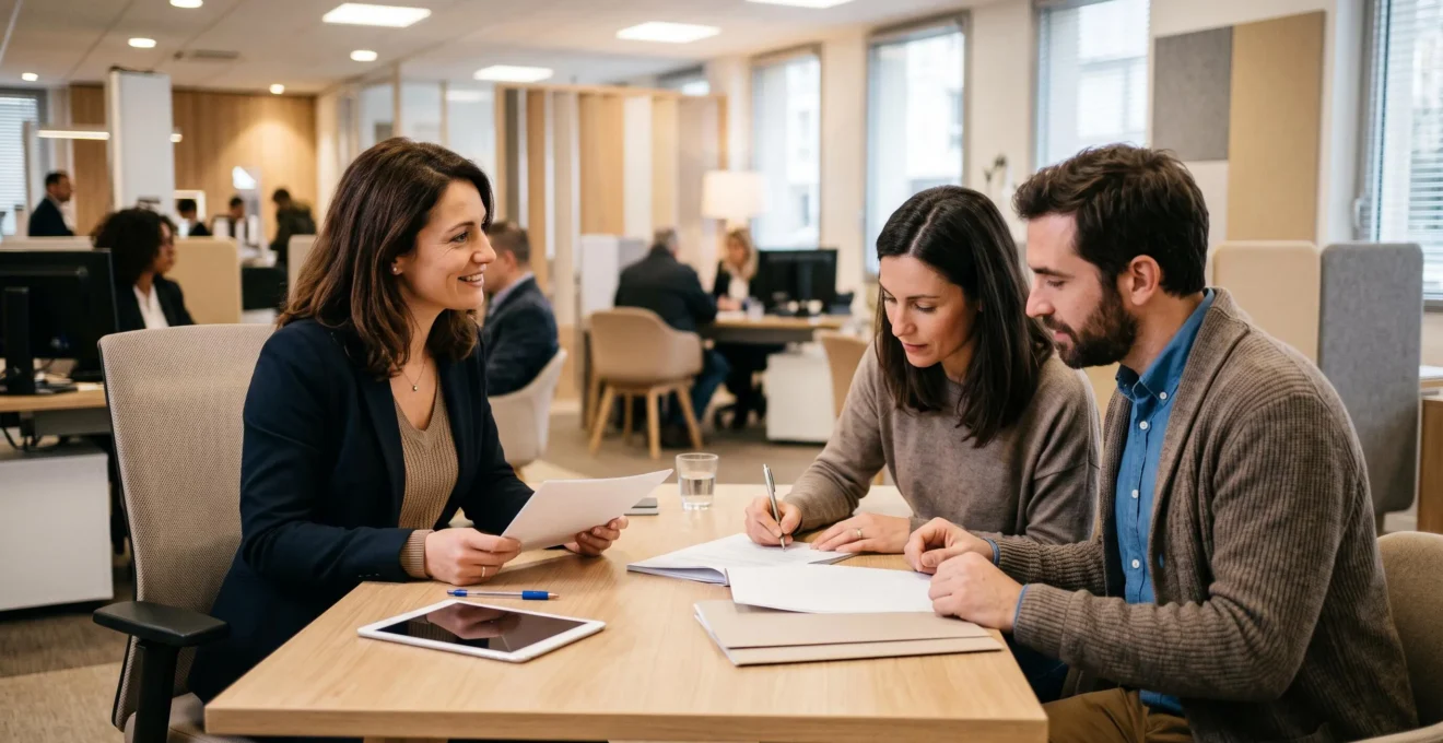 Un couple rencontre un conseiller bancaire dans une agence pour ouvrir un compte joint, tous trois assis autour d'un bureau en train de consulter et signer des documents