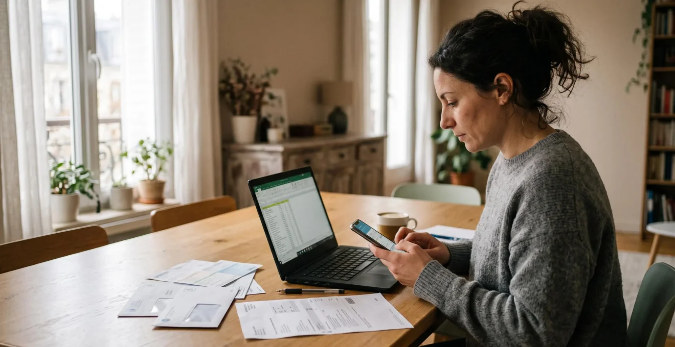Une personne assise à une table chez elle utilise son smartphone pour gérer sa transition bancaire, consultant simultanément des documents administratifs et un ordinateur portable