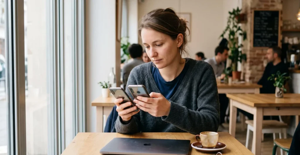 Une personne compare deux applications bancaires sur deux smartphones attablée dans un café lumineux.