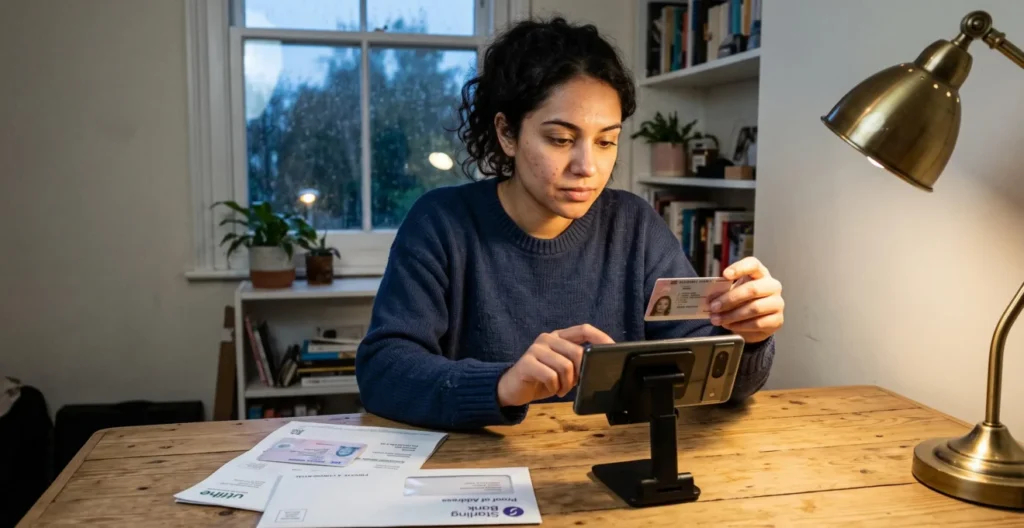 Une personne photographie ses pièces justificatives avec son smartphone pour ouvrir un compte bancaire en ligne depuis son bureau.